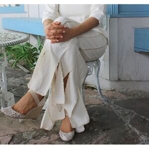 Lobos Del Mar Brisa Skirt Womens L Ivory Cotton Split Hem Lace Detail Midi Maxi‎